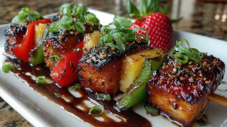 De délicieuses brochettes grillées composées de tofu savoureux, de poivrons colorés, d'ananas et d'oignons verts frais, servies avec une sauce acidulée et garnies de fraises