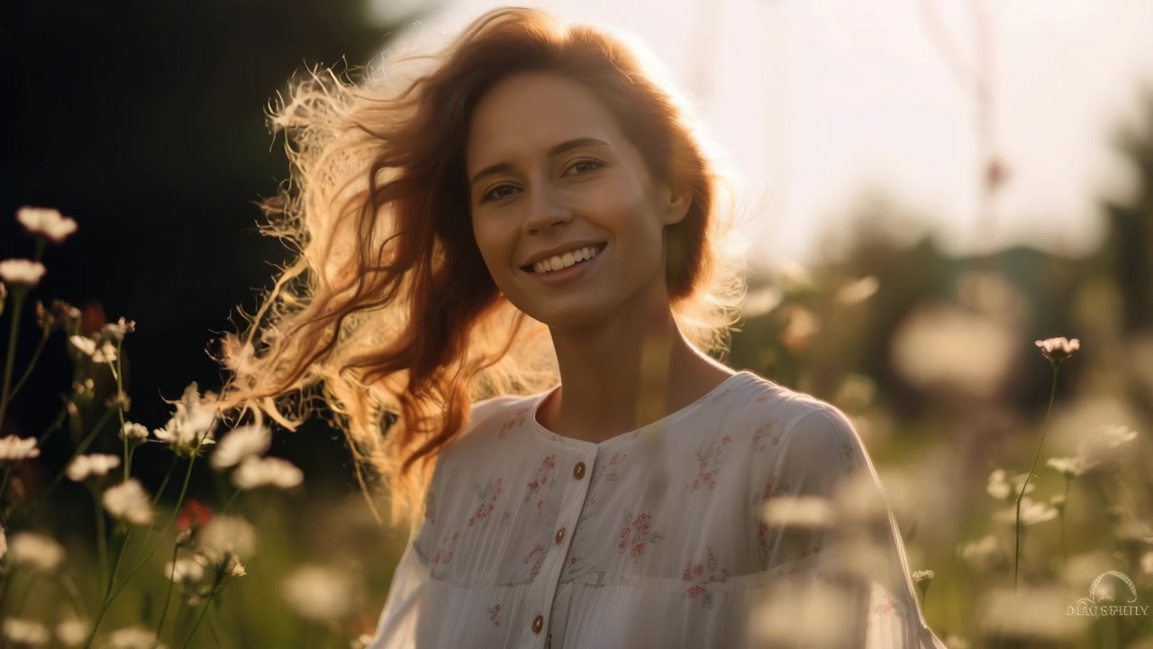 Joyful Young Woman with Wavy Hair Smiling in Sunny Flower Field