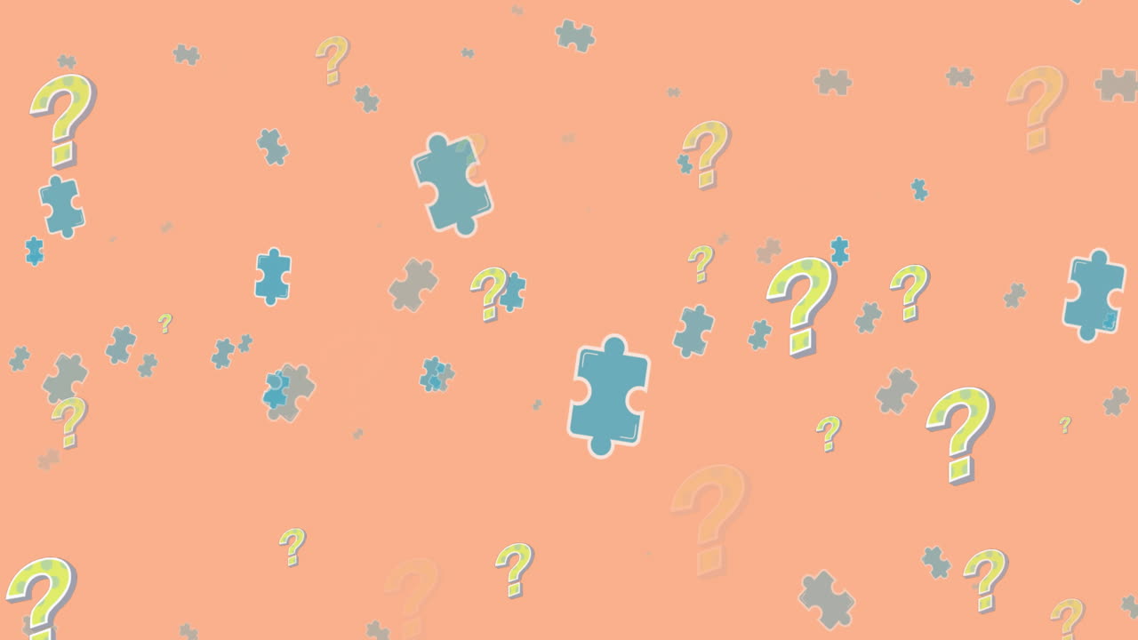 Animation of puzzles and question marks floating over orange background