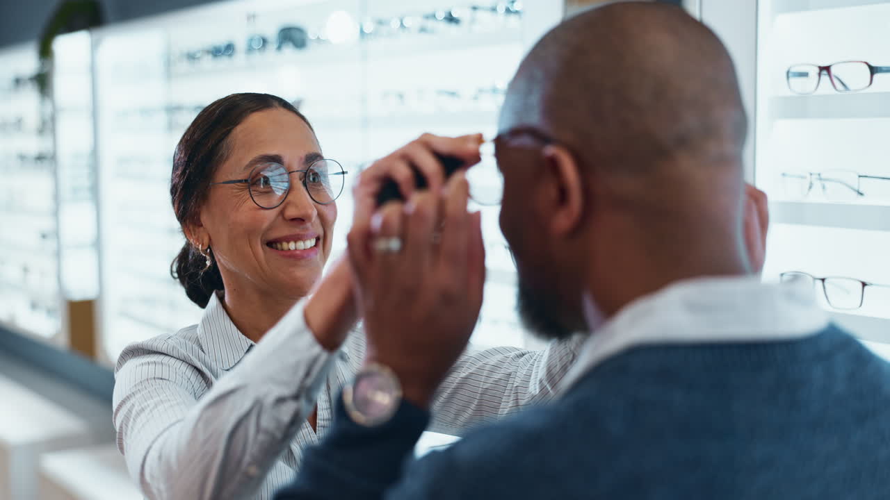 Optician helping customer try on eyeglasses