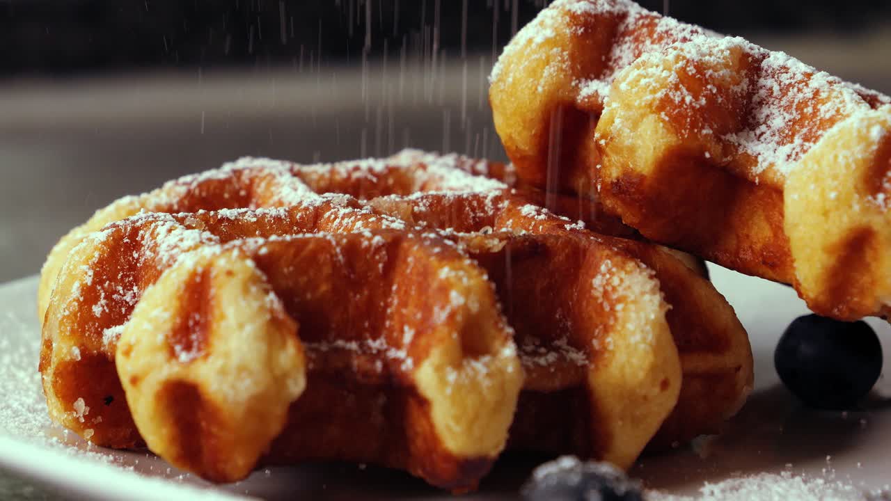 맛있는 디저트를 위해  ⁇  푸르더 설탕을 첨가하는 동안 접시에 블루베리가 있는 맛있는 벨기에 와플의 정적 클로즈업  ⁇