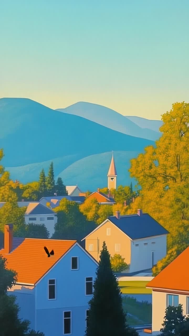 Aerial view of a serene village with colorful houses and a distant church, set against a backdrop