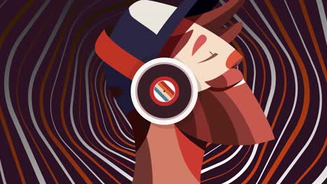 side view of an abstract happy man face with a cap and headphones enjoying music with his eye closed. motion. bearded hipster listening to music on the background of curving rotating rings, seamless loop