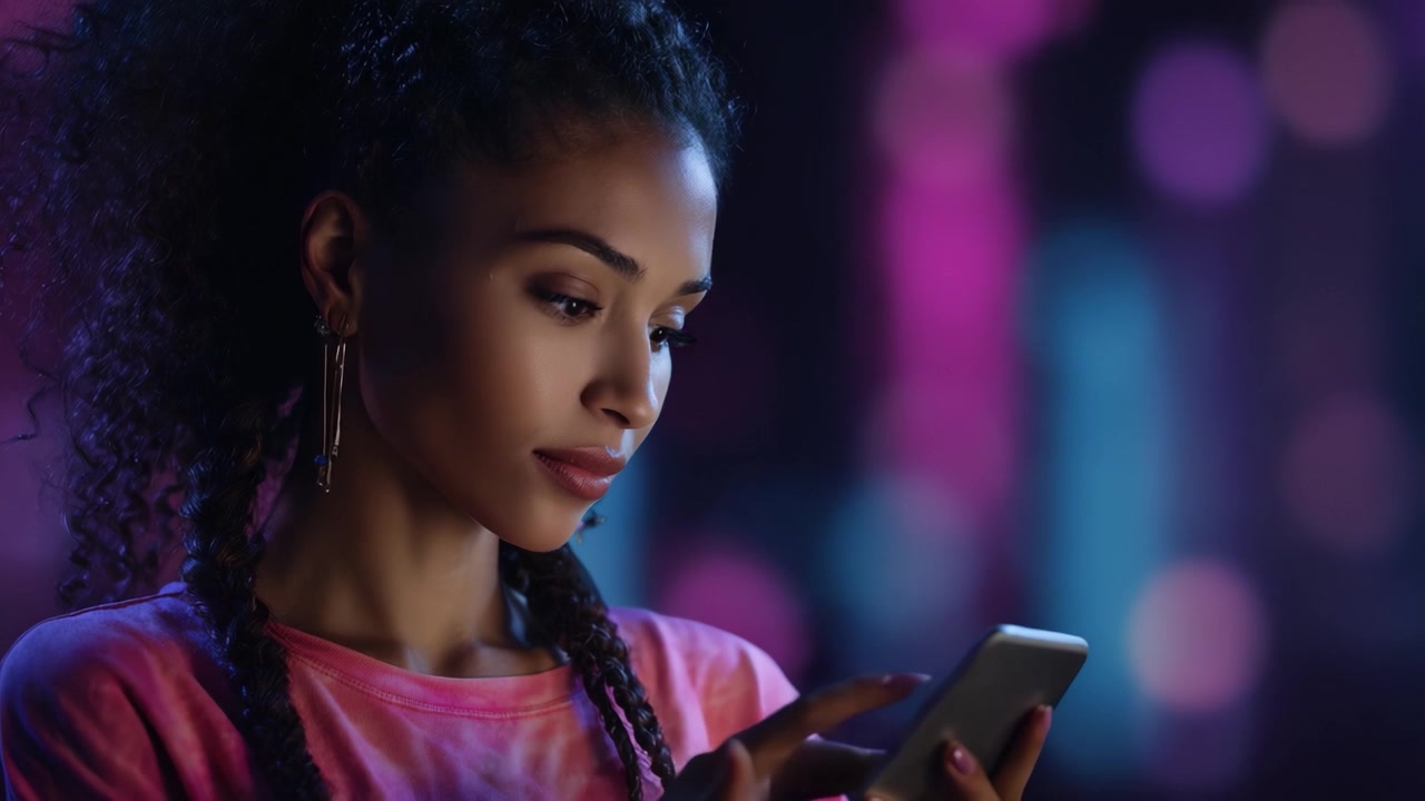 A Thoughtful Moment: A Young Woman Engaged with Her Smartphone Amidst a Colorful, Softly Lit Background Creating an Intimate Atmosphere