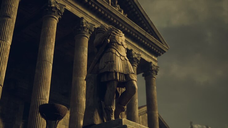 Ancient Roman Statue in Front of a Historical Building