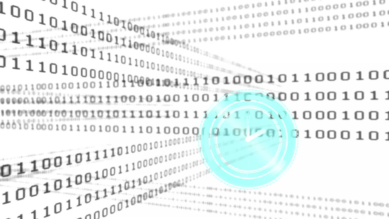 Animation of clock moving fast and binary coding on white background