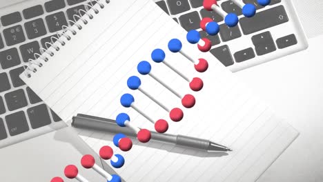 Animation-of-dna-strand-spinning-over-notebook-and-pen-on-desk