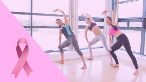 animation of pink ribbon logo over diverse group of women practicing yoga