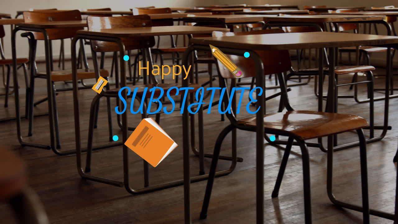 빈 교실 위에 행복한 대리인 날 텍스트의 애니메이션