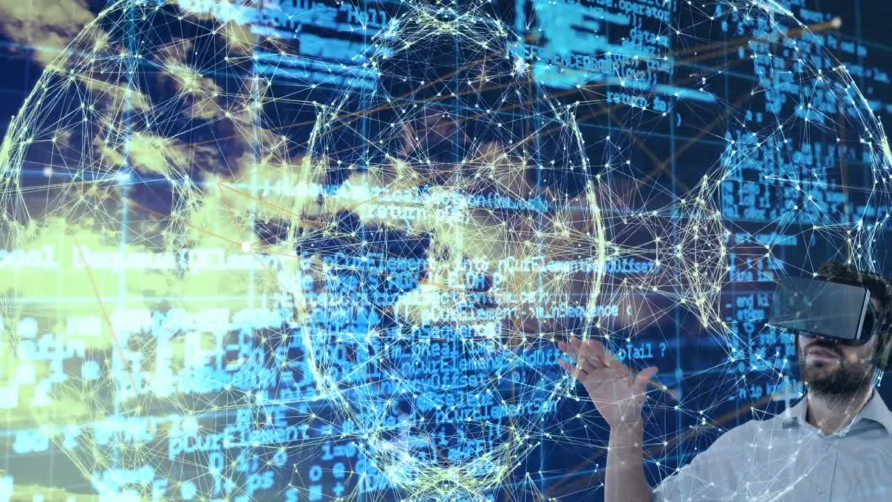 animación de redes de conexiones, hombre con auriculares vr contra el cielo con nubes