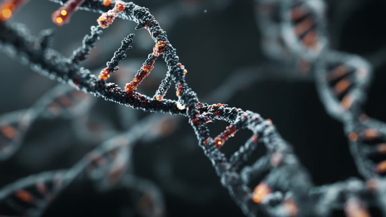 Una splendida vista macro della struttura dell'elica del DNA che evidenzia i dettagli intricati del materiale genetico a livello molecolare su uno sfondo scuro.
