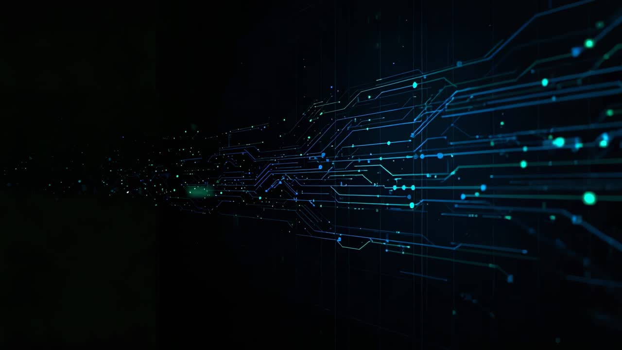 Moving frames sparking cyan traces pulsing and flowing into dark void, showing data with teal nodes