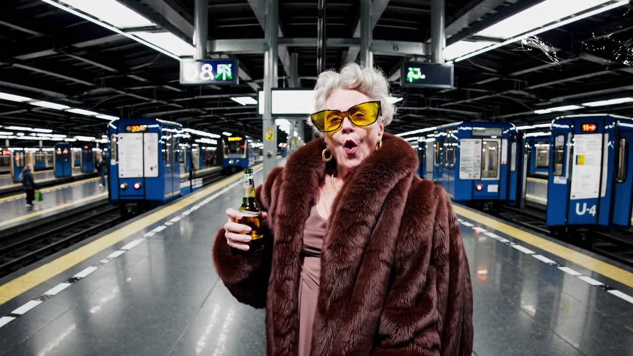 Stylish Senior Woman in a Fur Coat at the Subway Station