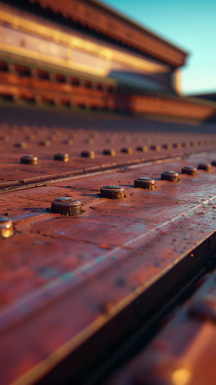 Vertical video: Pulling camera moving along painted metal panel, revealing rivets, rust, building