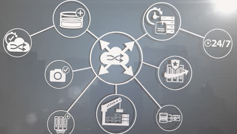 animation of network of digital icons and light spot against aerial view of cityscape
