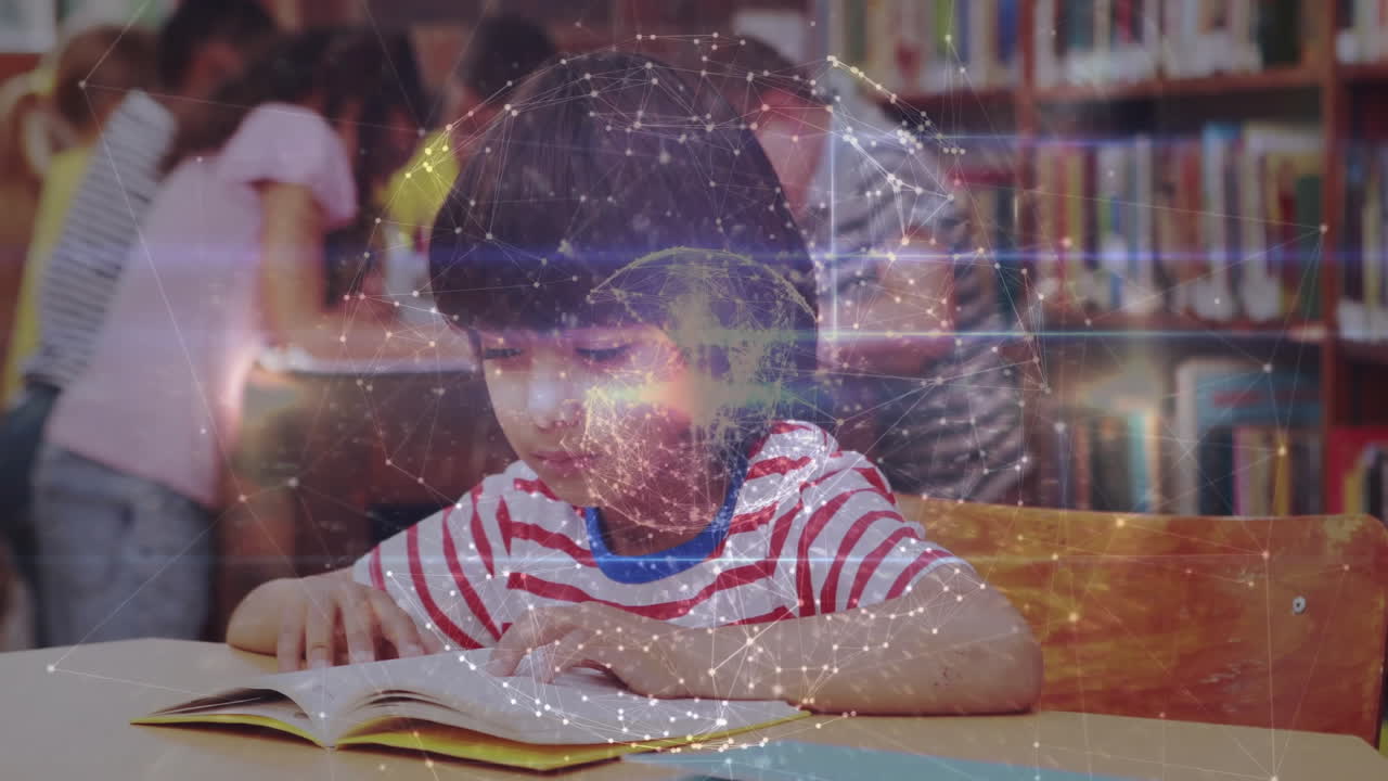 Students studying education at library table, reading books while network overlay connecting data