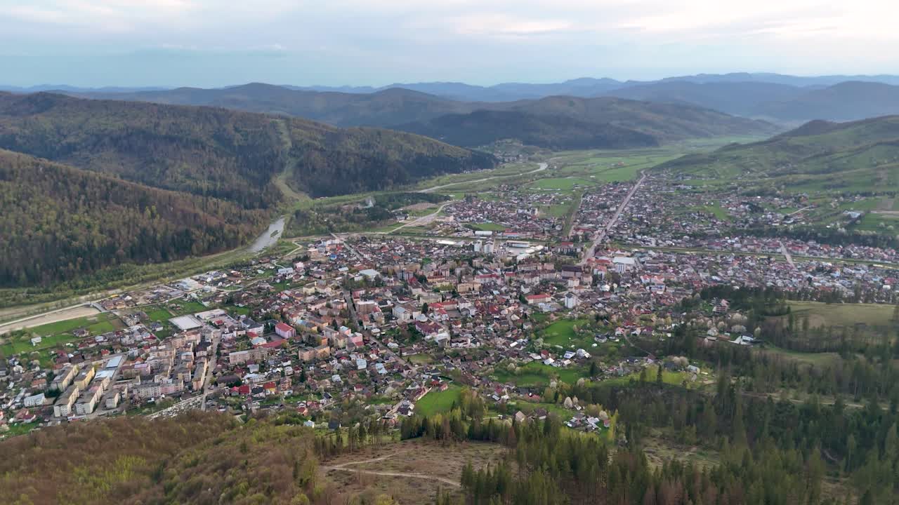 Drone video of Gura Humorului at sunset with Partia Soimul