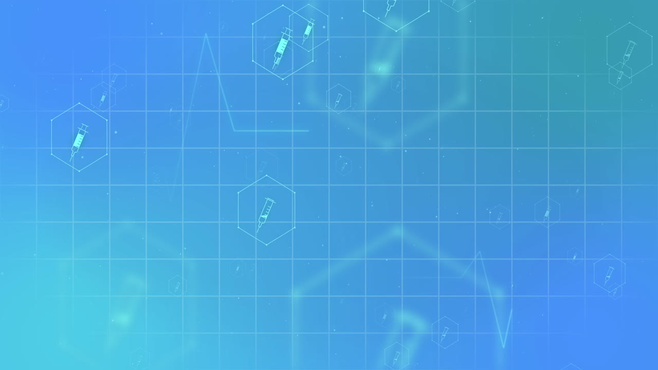 의료 주사기 아이콘의 애니메이션과 파란색 배경의 그리드 상의 데이터 처리