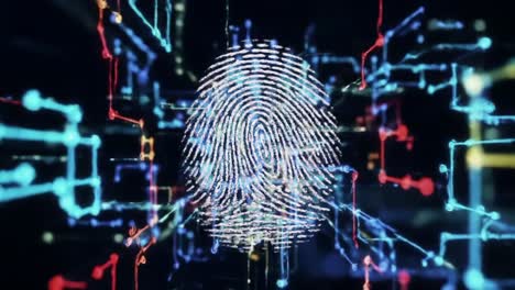 futuristic visual of a unique fingerprint surrounded by intricate digital circuits representing security and identification technology in a high-tech environment