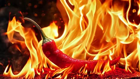 a red hot chili pepper on fire with a black background