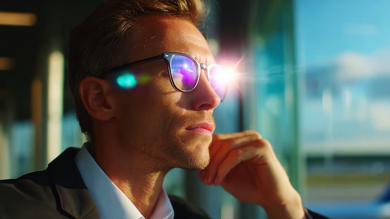 A Thoughtful Moment: A Man with Stylish Glasses Gazes Reflectively Out of a Window, Bathed in Warm Natural Light, Capturing the Essence of Contemplation and Serenity in His Expression and Surroundings