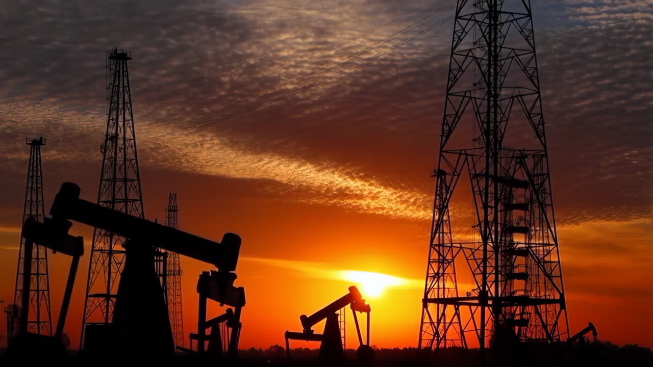 Oil Pumpjacks and Drilling Rigs Silhouetted Against a Sunset