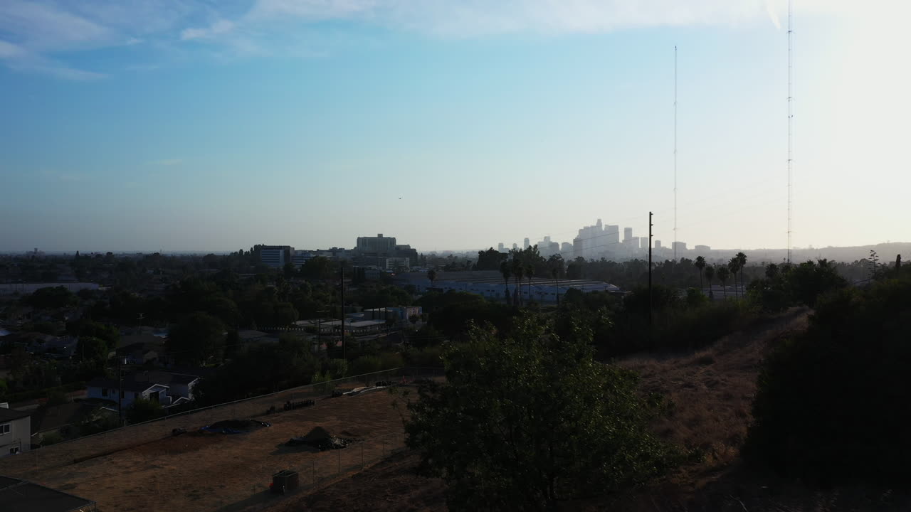 Flying Left from Behind a Bush to Reveal Amazing Downtown Los Angeles Skyline in the Background, California, USA, Drone