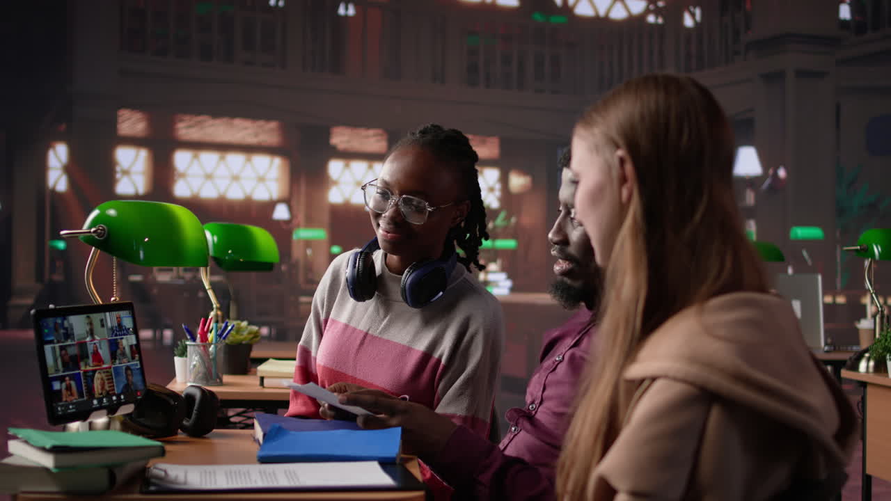 Vertical video group of diverse pupils engaging in online course via video call