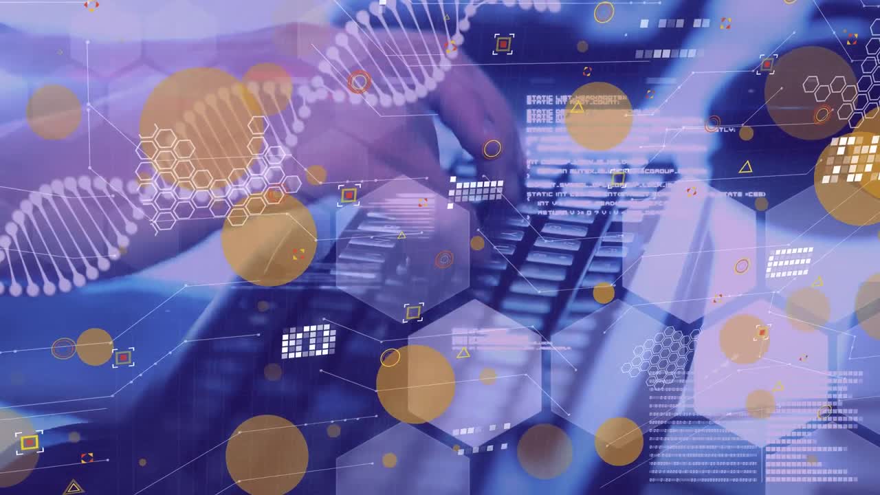 animación del procesamiento de datos científicos sobre una persona que utiliza el teclado