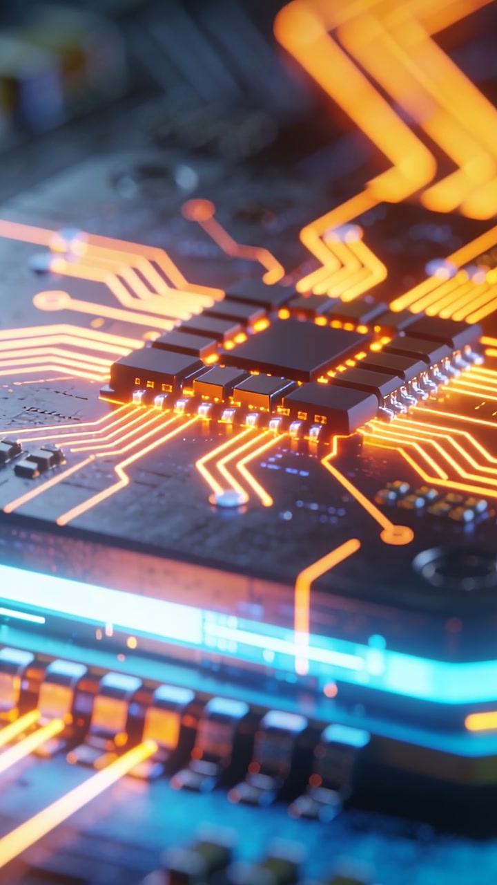 Vertical video: Powering IC pulsing orange traces and glowing blue band on PCB showing signal flow