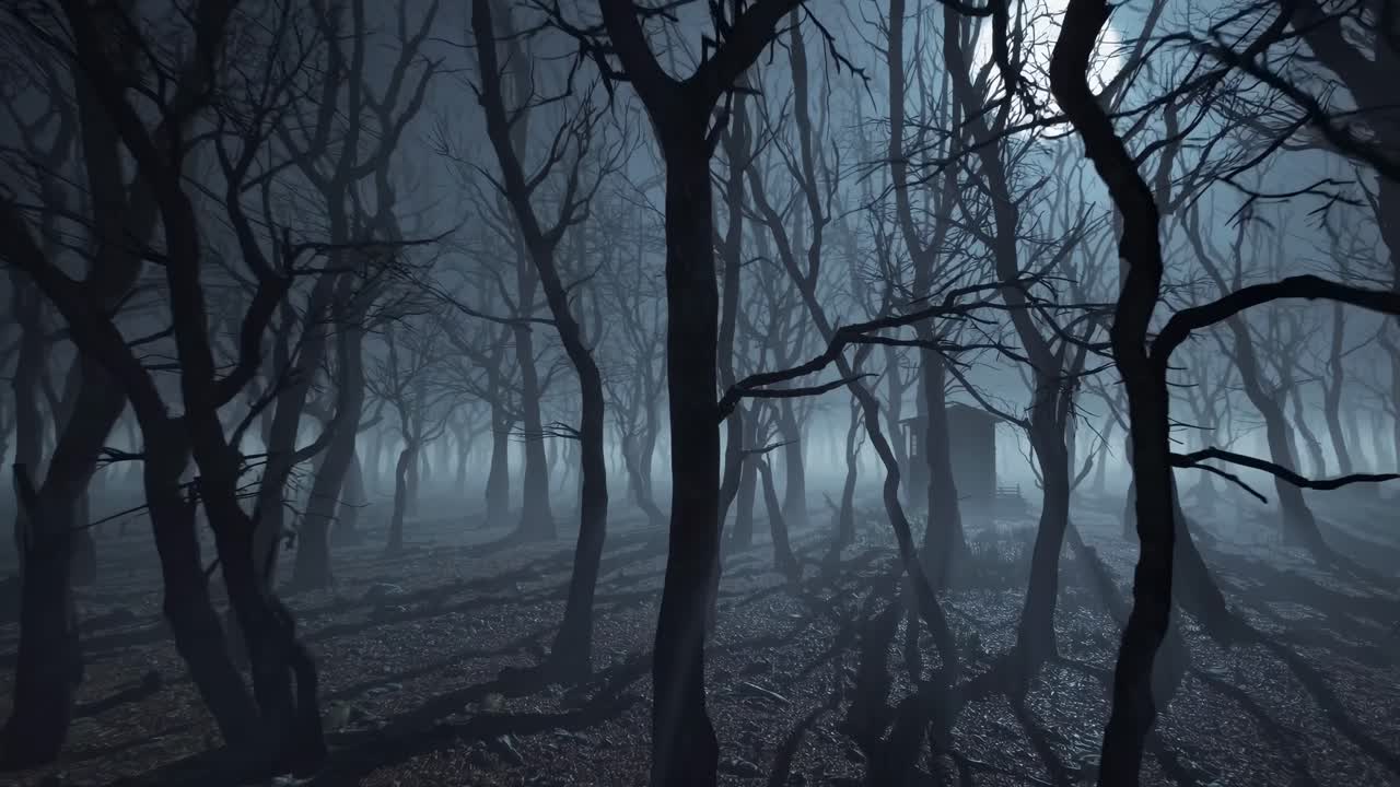 Eerie forest scene with leafless trees, captured from a low-angle