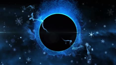 animation of white christmas snowflakes falling in night sky over lunar eclipse with blue halo