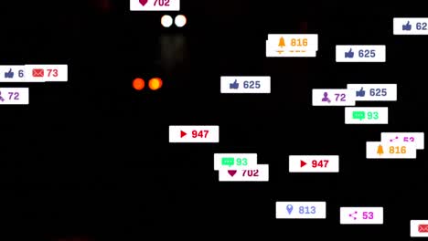 animación de iconos y números de redes sociales fuera de foco tráfico vial y paisaje urbano