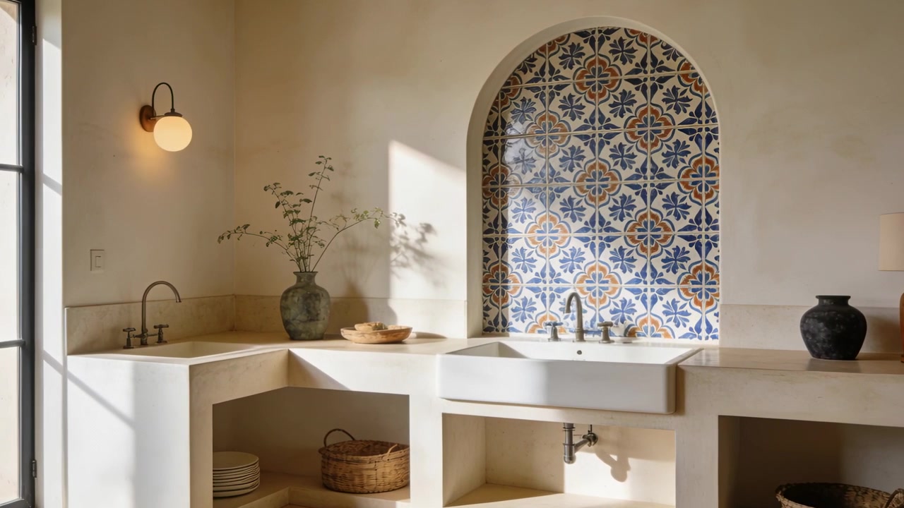 Inquadratura di un lavello da fattoria bianco e di una nicchia piastrellata ad arco, la telecamera si muove verso l'interno mostrando texture illuminate dal sole.