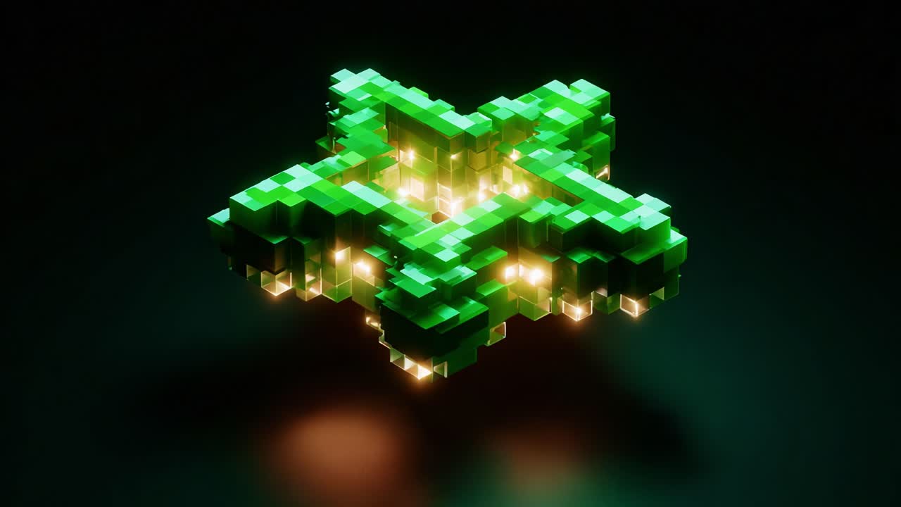 A Vibrant Green Star-Shaped Structure with Illuminated Blocks Captured in a Digital Environment, Showcasing Detailed Cube Arrangements and Luminescent Effects Creating a Unique Visual Experience