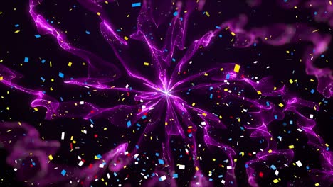 Digital-animation-of-confetti-falling-against-purple-digital-waves-on-black-background