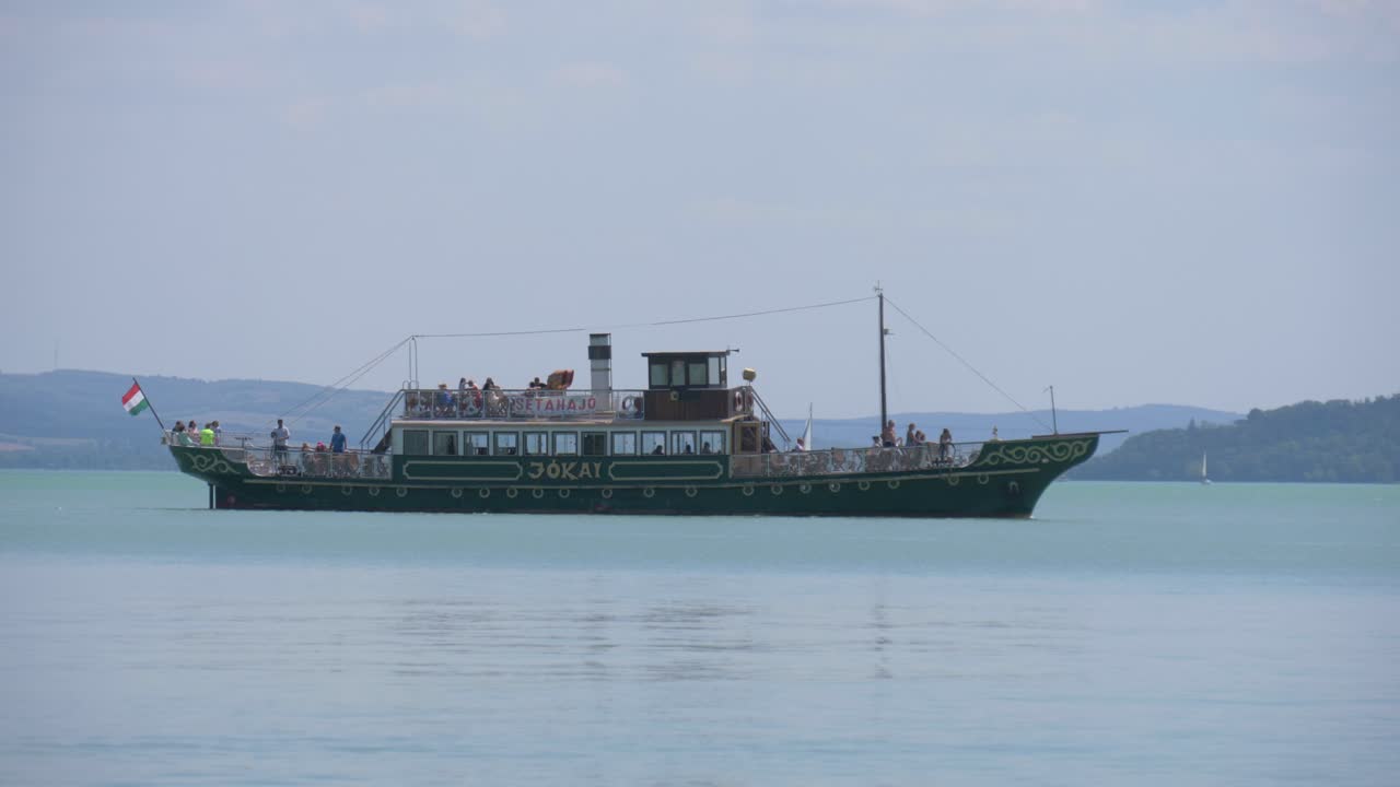 Jókai cruise ship on Lake Batalaton approaching the bay at Balatonfüred, filmed in 180 fps slow motion