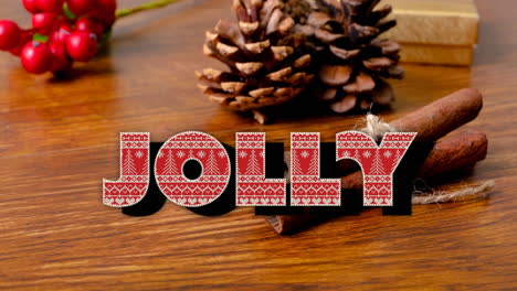 animation of jolly christmas text over decorations on wooden background