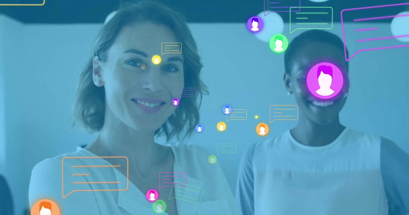 Women colleagues in business office smiling as avatar icons and chat bubbles appearing, swirling