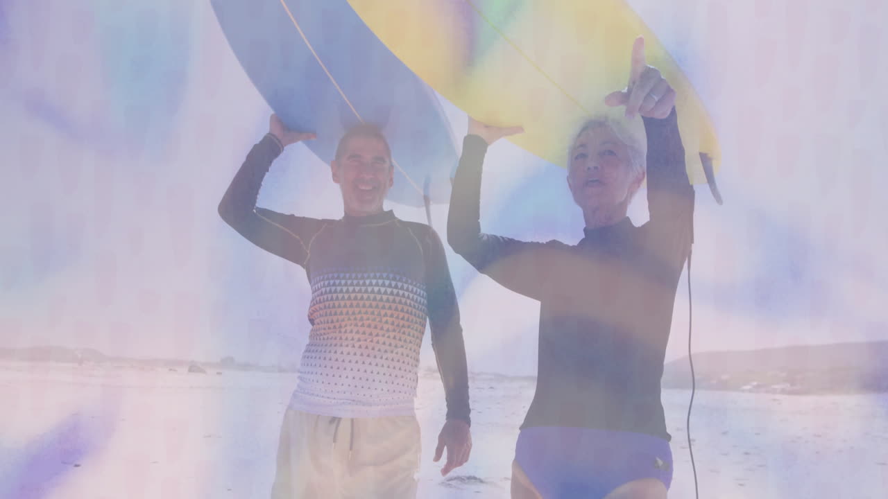 couple walking on sunny beach carrying surfboards, displaying animated travel route lines