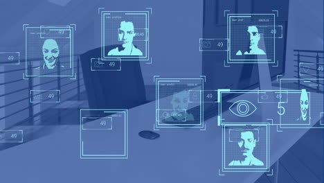 animation of biometric photos and data processing over work station in office