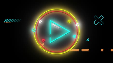 animation of blue neon triangle in yellow and red rings, with crosses and lines on black background