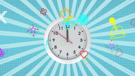 animation of clock, multiple icons over sunburst pattern against blue background