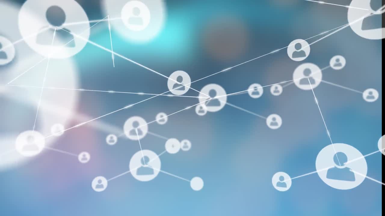 animación de signos humanos en movimiento que se conectan a través de líneas digitales que representan la red global