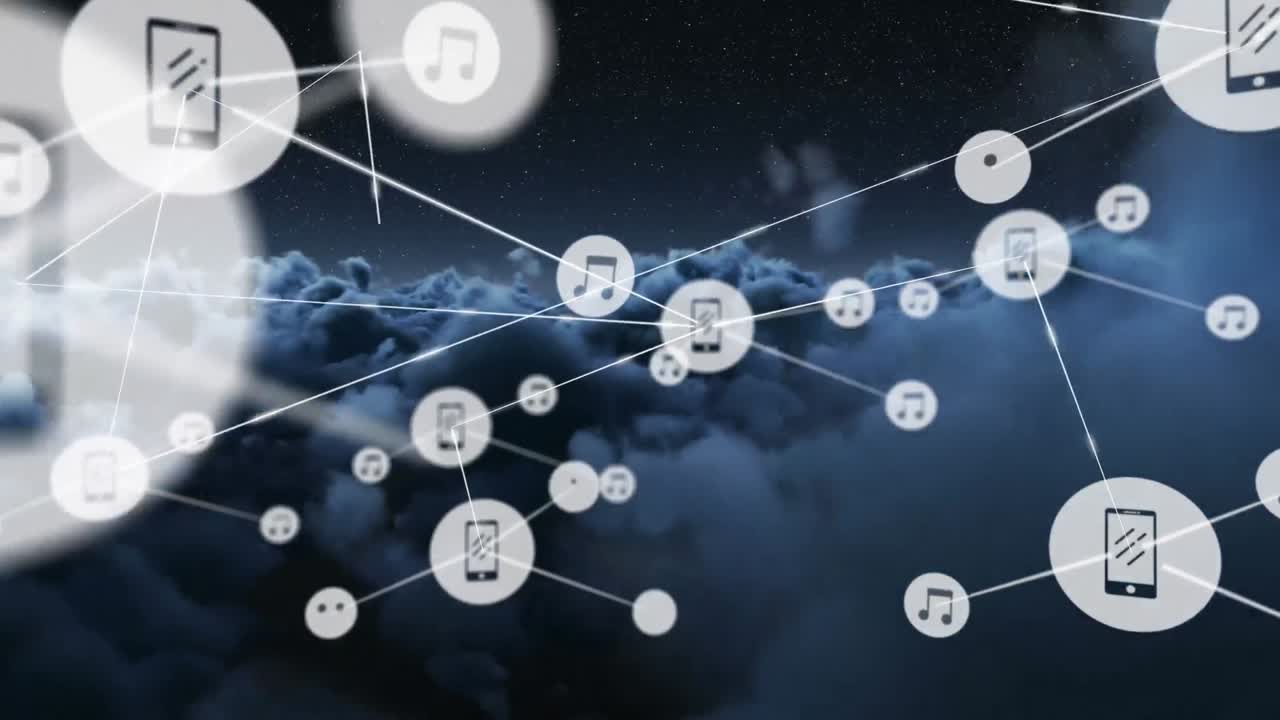 하늘 위의 아이콘으로 연결 네트워크의 애니메이션