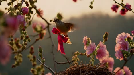 pájaro con cinta en las flores de primavera
