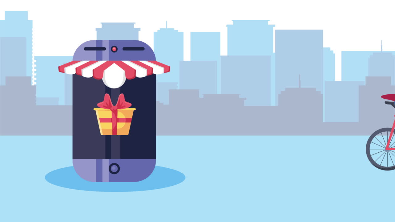 모터사이클 및 스마트폰 애니메이션에서 배달 서비스 작업자