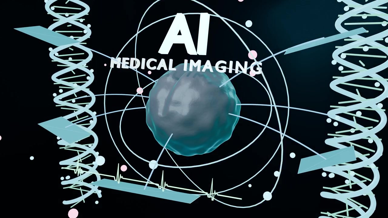 Dynamic animation showcasing AI-driven medical imaging, featuring rotating DNA strands, digital heartbeats, and a glowing cell against a dark background, perfect for healthcare tech themes.