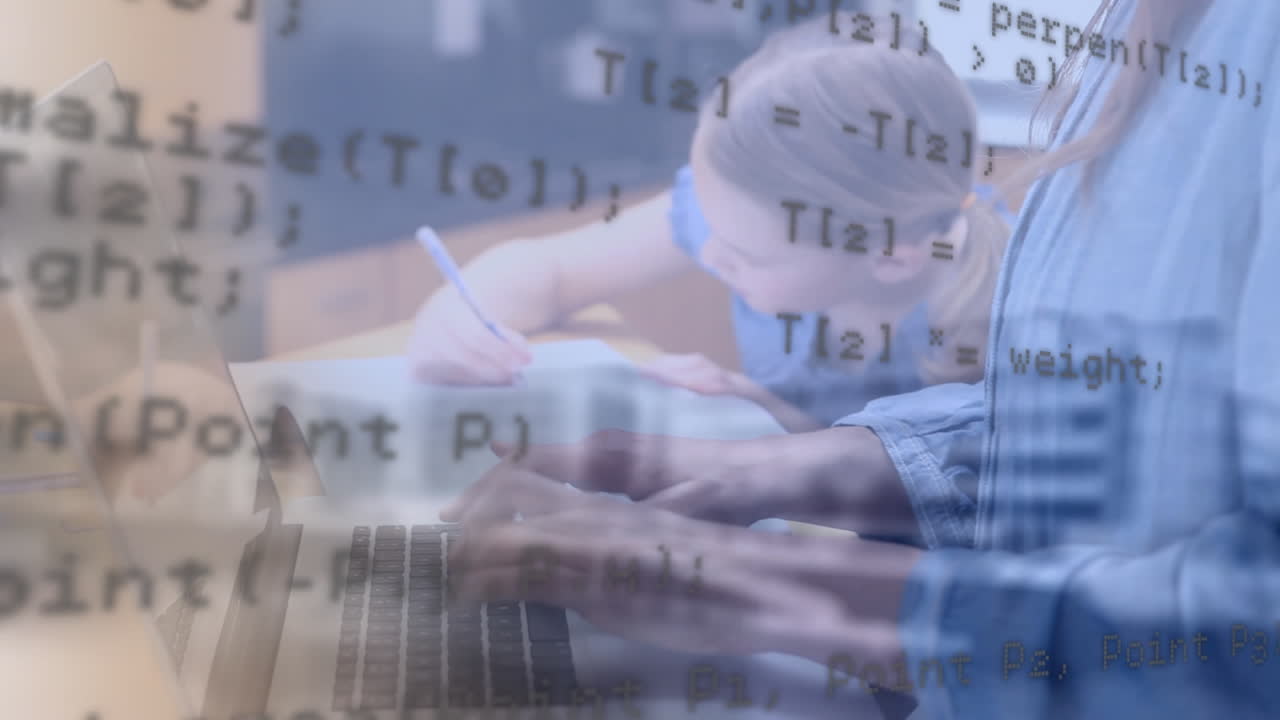 Animation of data processing over mid section of female teacher using laptop at school