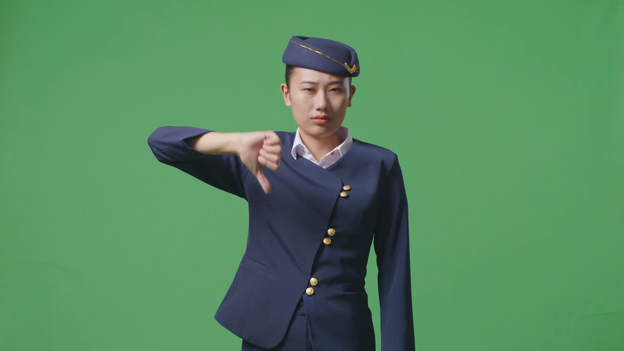 아시아 여성 승무원이 녹색 스크린 배경 스튜디오에 서 있는 동안 카메라에 엄지손가락을 보여주고 있습니다.